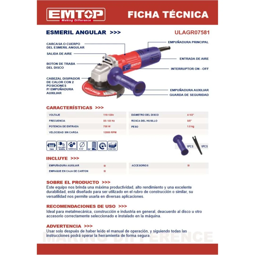 Esmeril Angular 4-1/2 Pulgadas 750 Watts - Imagen 5